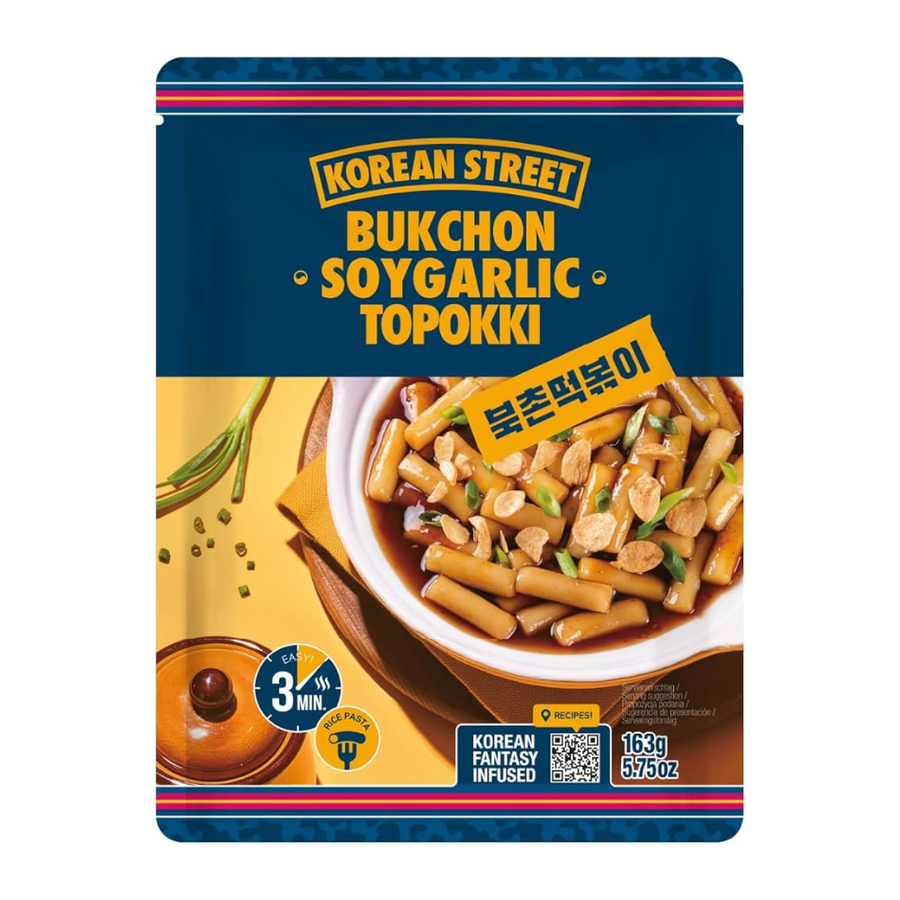 Korean Tteokbokki (Rice Cakes) with Seasoning Souce - Soy-Garlic Flavour, 163g