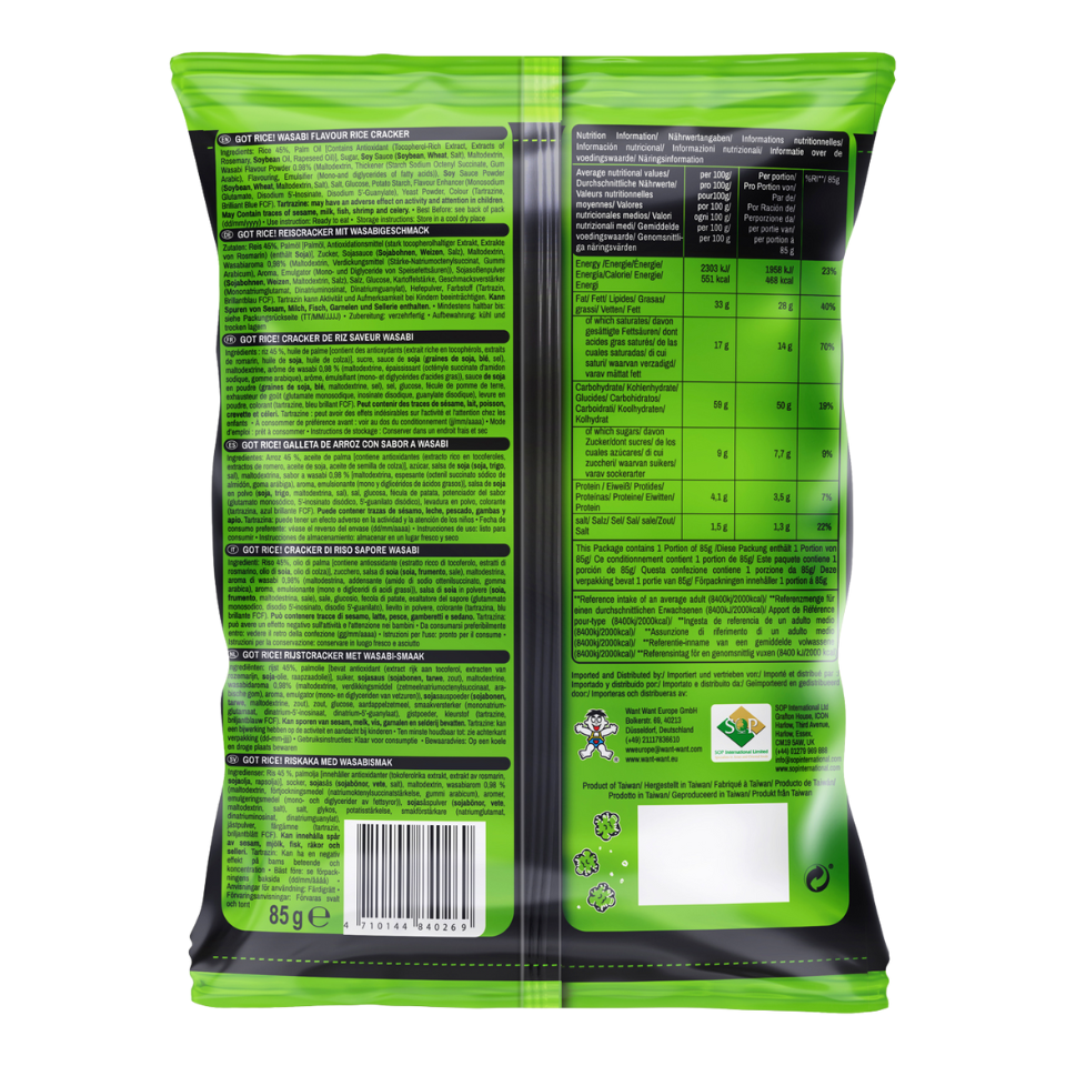 Want Want ryžių traškučiai - Wasabi skonis, 85 g